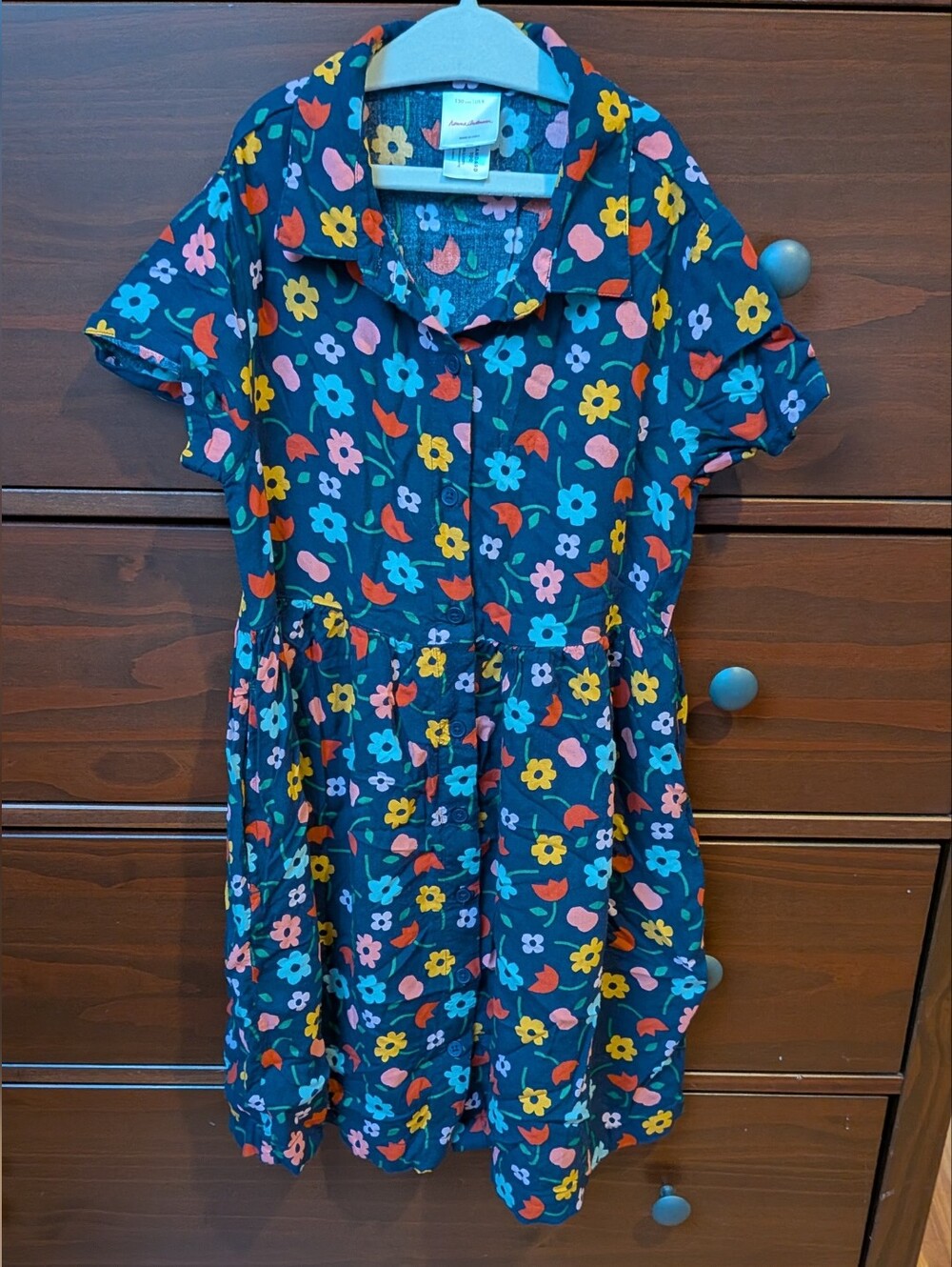 Hanna Andersson Navy Floral Button Down Collar Dress Sz 8 B7